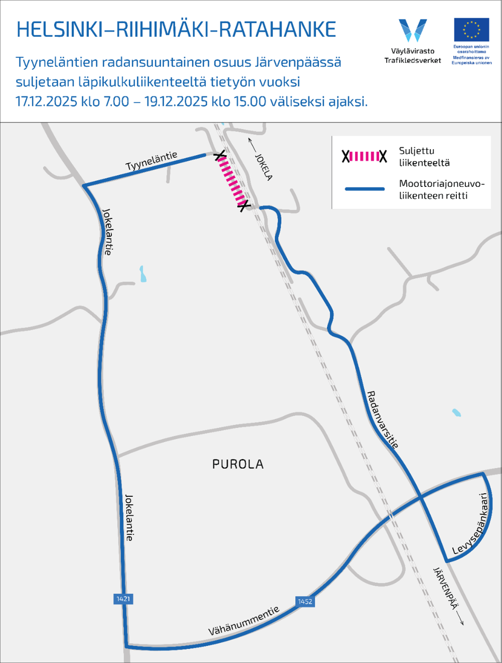 Kartta Tyyneläntien suljetusta osuudesta.