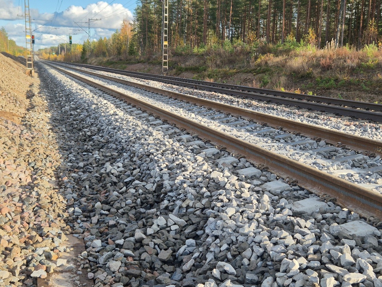 Maantien ja metsän välillä kulkee kaksoisraide. Alkusyksyn päivä on kuulas ja auringonvalo lempeä.