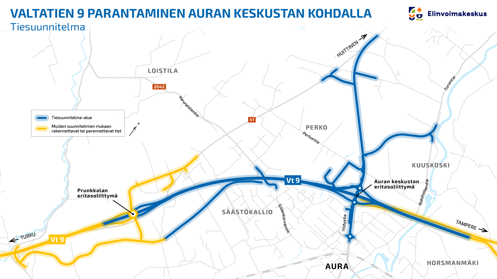 Karttakuva Vt 9 hankealueen tiesuunnitelmasta Auran keskustan kohdalla. Kartalla on esitelty parannettavat tieosuudet.