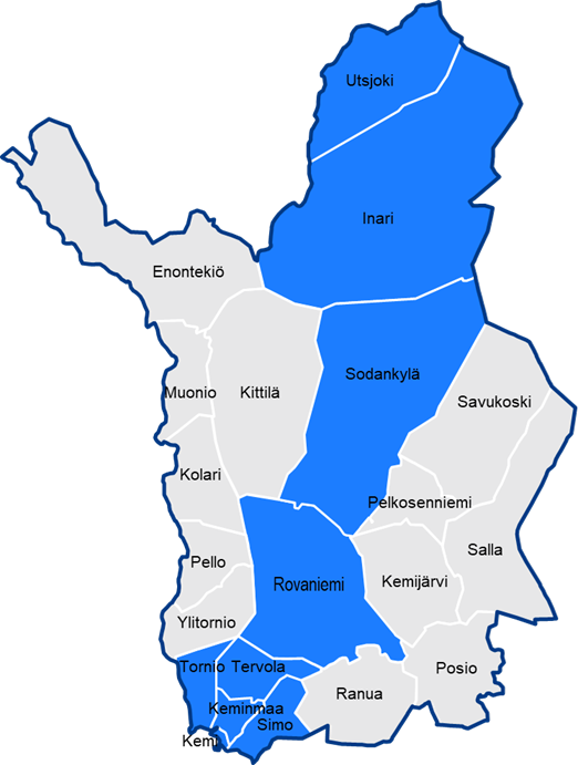Kemi, Keminmaa, Tornio, Rovaniemi, Simo, Tervola, Sodankylä, Inari ja Utsjoki