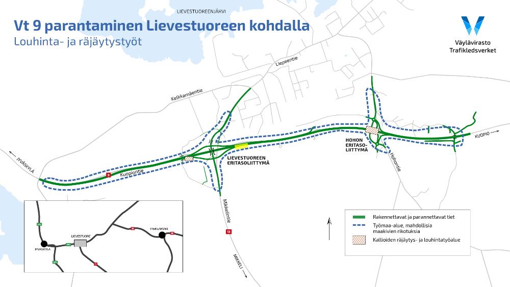 Valtatien 9 parantamishankkeessa Lievestuoreella teiden 9 ja 13 risteysalueen itäpuolella tehdään louhintatöitä maaliskuussa 2026.