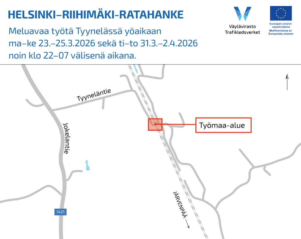 Työskentelyalue kartalle merkattuna. Työskentely tapahtuu Tyynelän alikulkusillalla, joka sijaitsee Tyyneläntien päässä radan kohdalla.