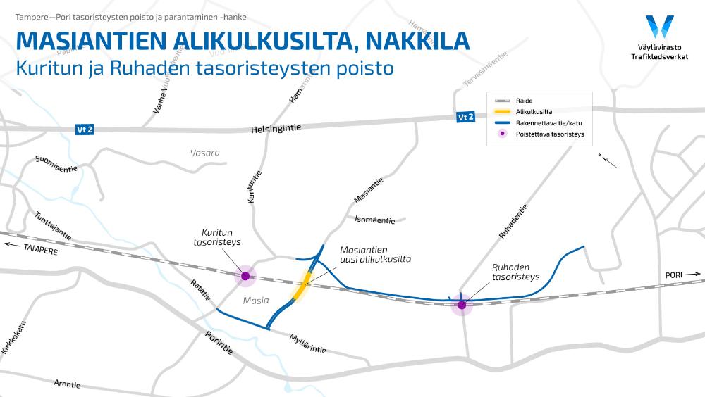 Karttakuva Masiantien alikulkusillan ja tasoristeyksien poistourakasta