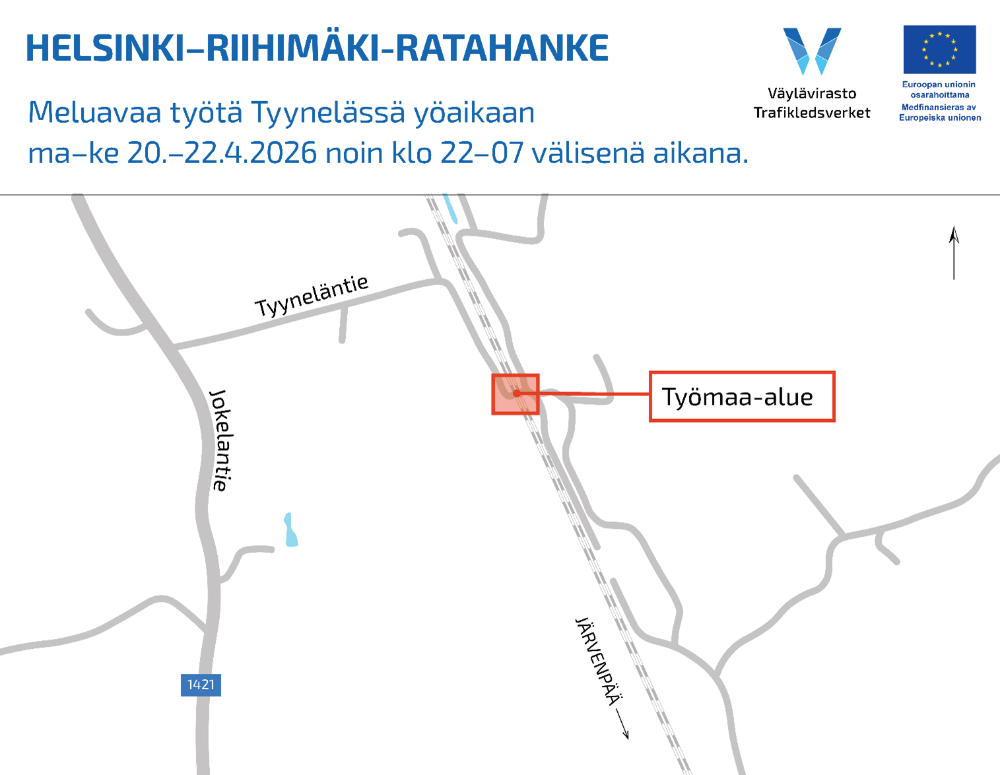 Työalue sijaitsee Tuusulassa Tyyneläntien alikulkusillan läheisyydessä. Silta alittaa radan ja sijaitsee Radanvarsitien vieressä Tyyneläntiellä.