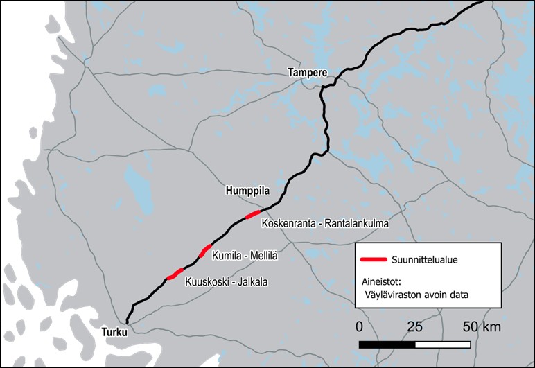 Tiesuunnitelman suunnittelualueen sijoittuminen valtatiellä 9.