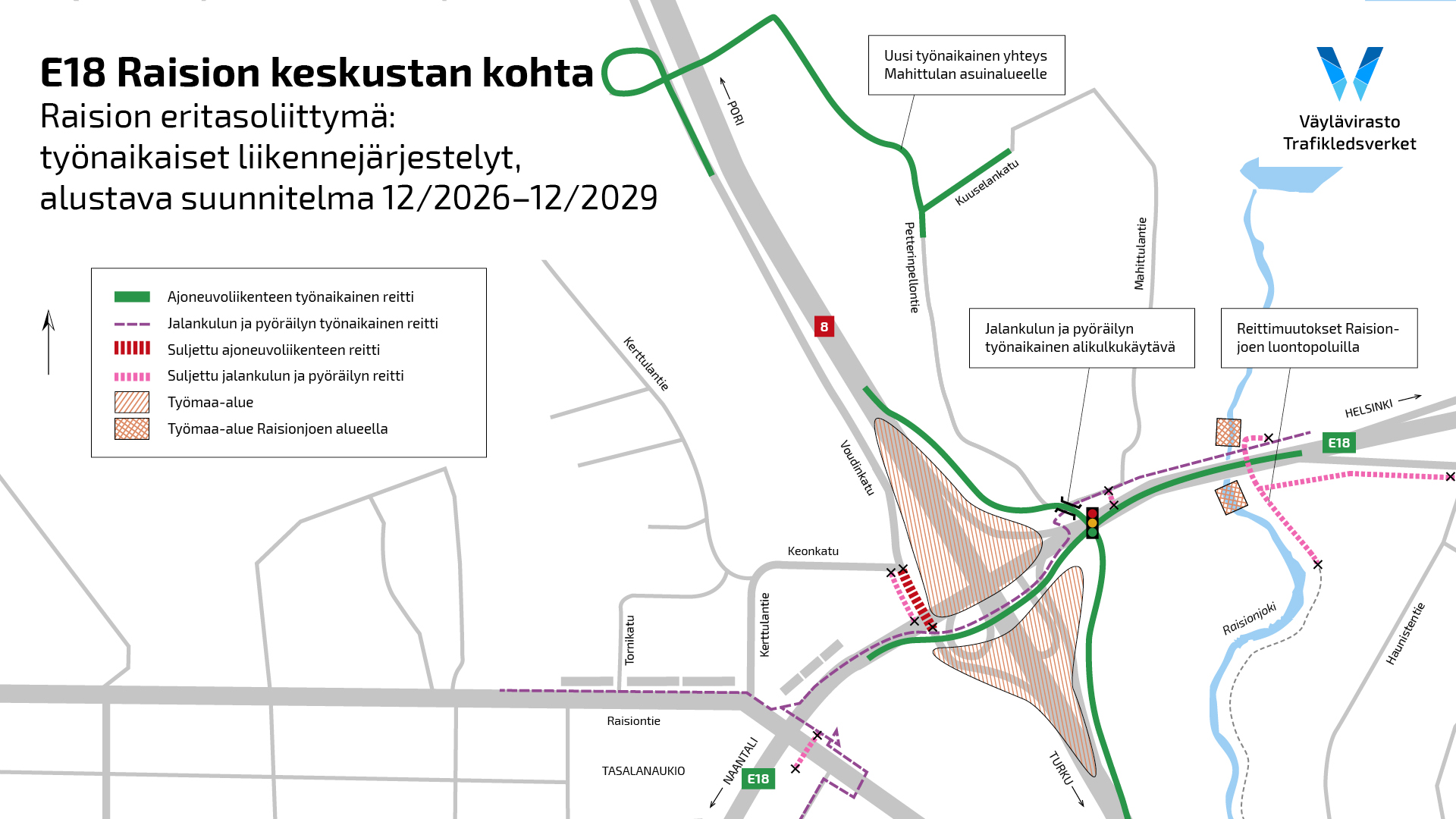 Raision eritasoliittymä rakennetaan Turun kehätien ja valtatien 8 risteykseen. Rakentamisen ajaksi kehätien liikenne ohjataan kiertotielle työmaan eteläpuolitse. Valtatien 8 liikenne ohjataan kiertotielle työmaan itäpuolitse. Jalankulkijoille ja pyöräilijöille tehdään työnaikainen alikulkukäytävä valtatien 8 ali risteyksen koillispuolelle.