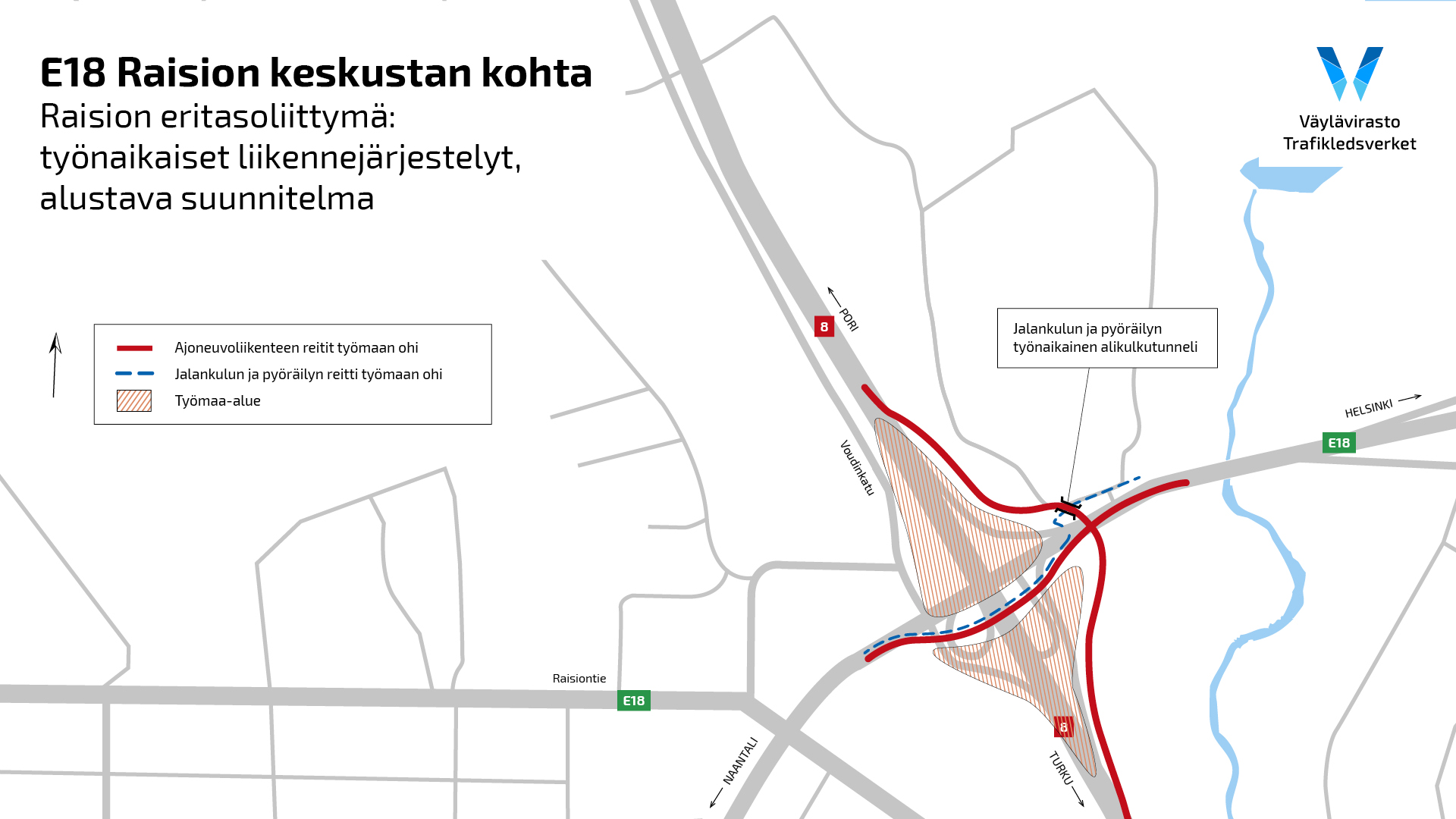 Raision eritasoliittymä rakennetaan Turun kehätien ja valtatien 8 risteykseen. Rakentamisen ajaksi kehätien liikenne ohjataan kiertotielle työmaan eteläpuolitse. Valtatien 8 liikenne ohjataan kiertotielle työmaan itäpuolitse. Jalankulkijoille ja pyöräilijöille tehdään työnaikainen alikulkutunneli valtatien 8 ali risteyksen koillispuolelle.