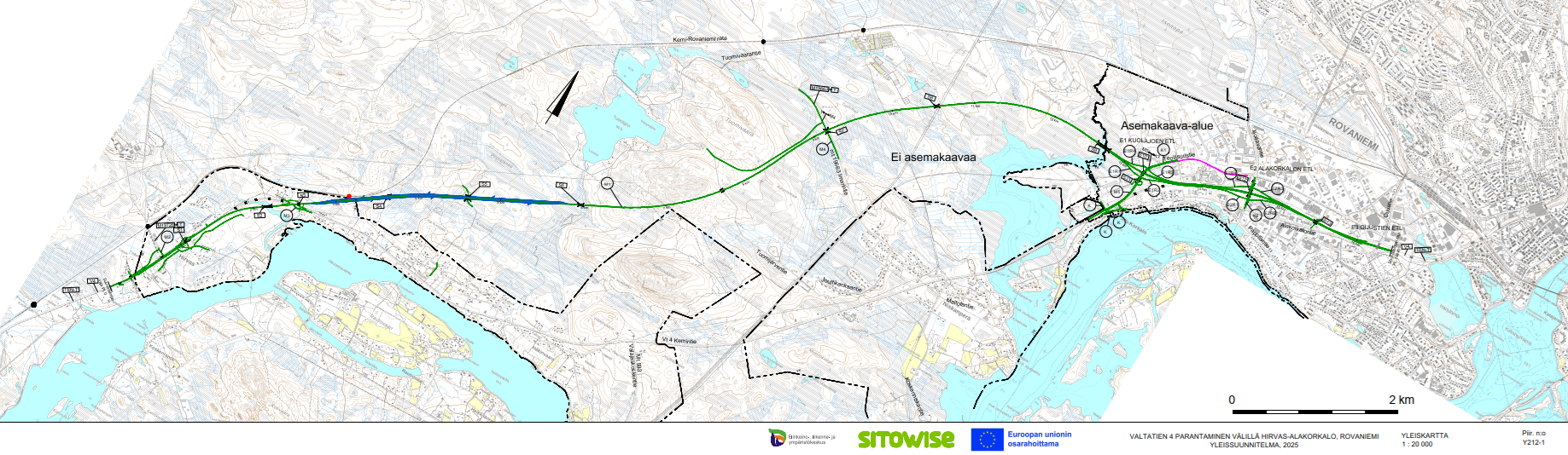 Yleiskartta tiesuunnitelmasta, valtatien 4 parantaminen välillä Hirvas-Alakorkalo, Rovaniemi.
