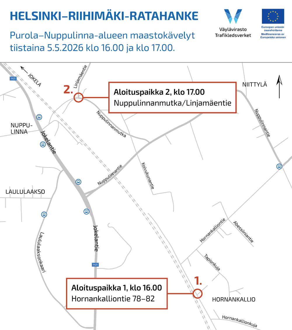 Karttakuva maastokävelyiden aloituspaikoista. Kartan yläosassa aloituspaikka 2 ja alaosassa aloituspaikka 1.