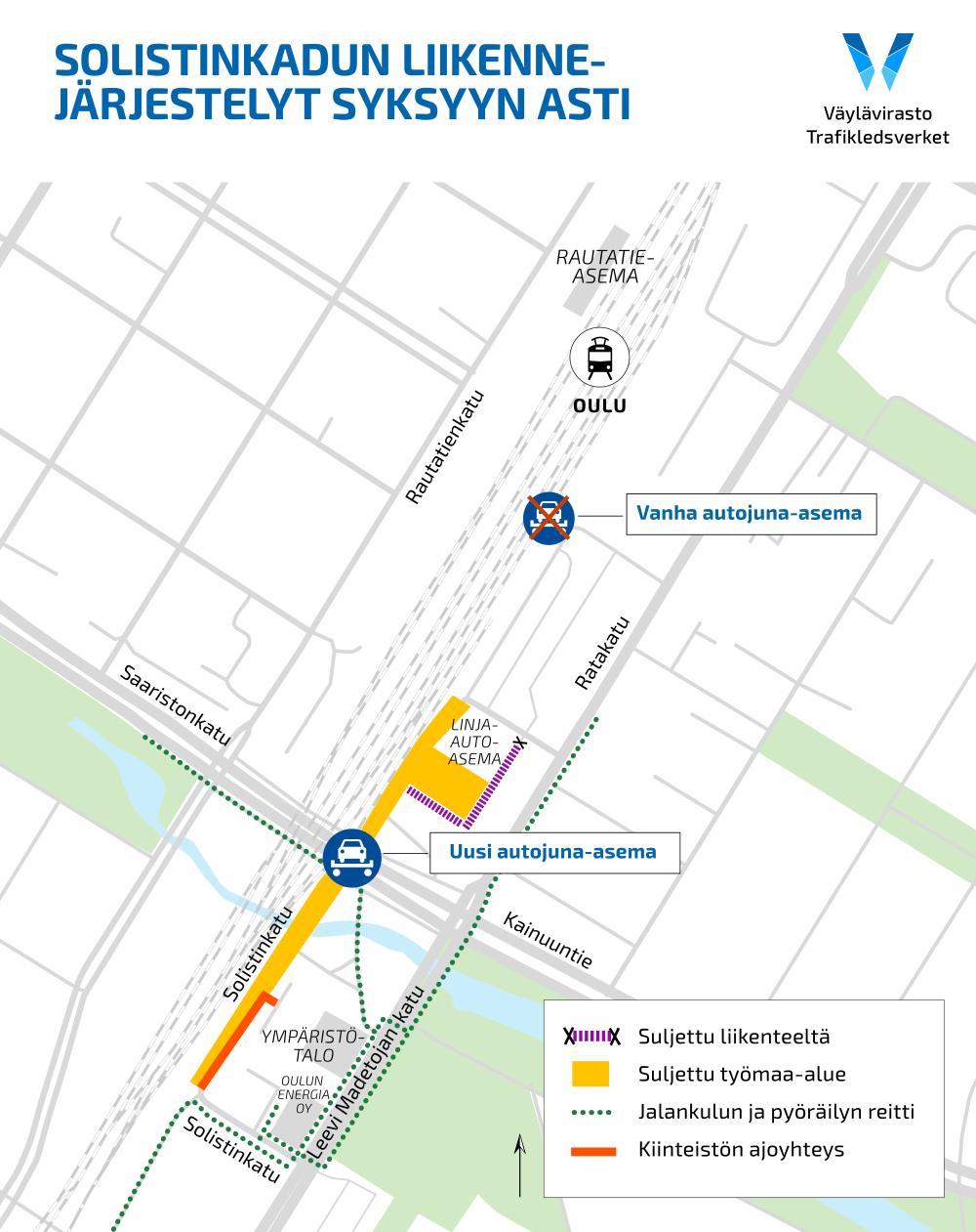 Karttakuva Oulun rautatieaseman ympäristöstä, jossa esitetään Solistinkadun liikennejärjestelyt syksyyn asti. Kartassa näkyy rautatieasema, Ratakatu, Rautatienkatu ja lähialueen kadut. Vanha autojuna-asema on merkitty poistetuksi käytöstä, ja uusi autojuna-asema sijaitsee Solistinkadun varrella linja-autoaseman lähellä. Solistinkatu on osittain suljettu työmaan vuoksi (keltainen alue), ja liikenteen sulut on merkitty violeteilla risteillä. Jalankulun ja pyöräilyn kiertoreitit on esitetty vihreällä katkoviivalla, ja kiinteistöjen ajoyhteydet oranssilla.