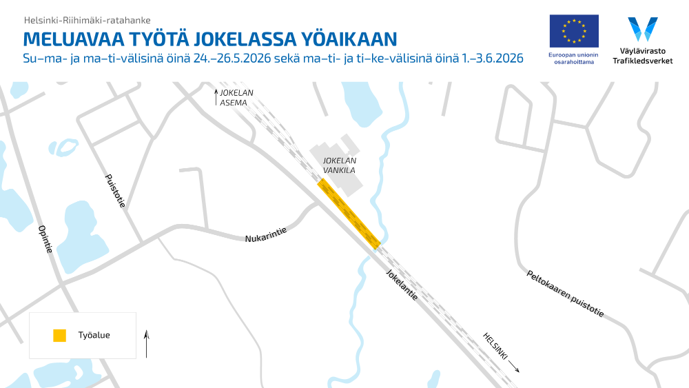 Karttakuva työalueesta, joka sijaitsee rata-alueella Jokelan vankilan ja Palojoen välissä