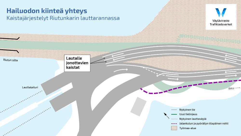 Lautalle jonottavien kaistat siirtyvät pohjoisemmaksi Oulunsalon lauttarannassa.