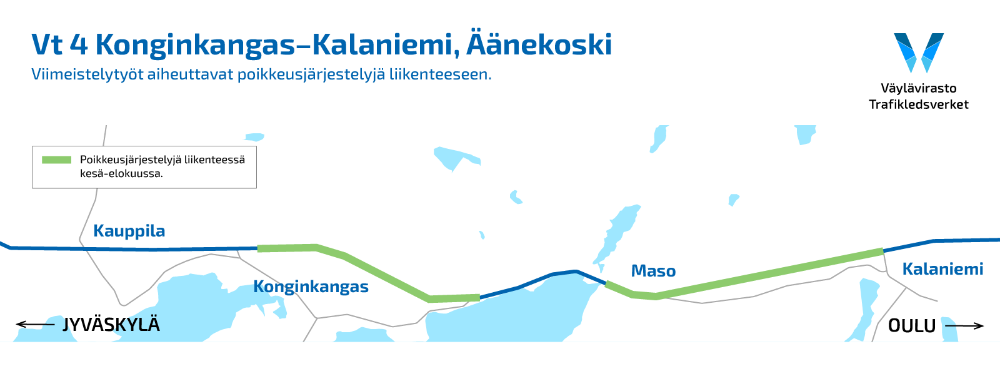Kartta valtatie 4:n viimeistelytöistä Äänekoskella