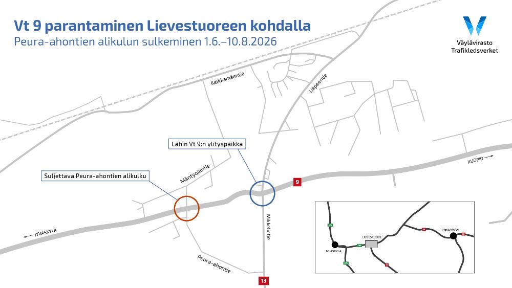 Valtatien 9 alikulku Peura-ahontien kohdalla on suljettuna 1.6.–10.8.2026. Lähin valtatien 9 ylityskohta on valtatien 13 risteyksessä.