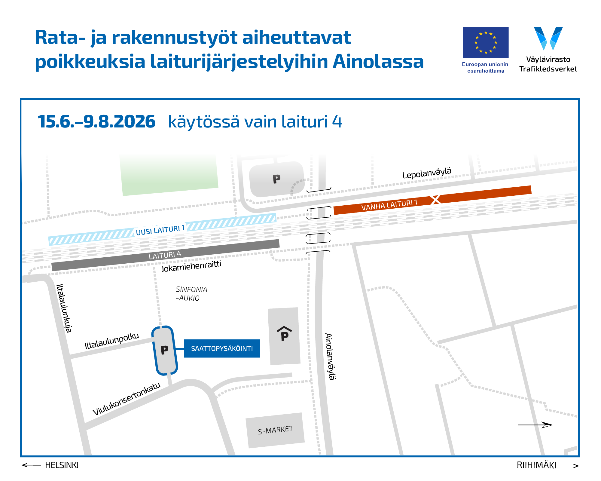 Karttakuva Ainolassa käytössä olevista laitureista. Vanha läntinen laituri poistuu käytöstä 15.6.2026. Itäinen laituri on käytössä koko ajan.