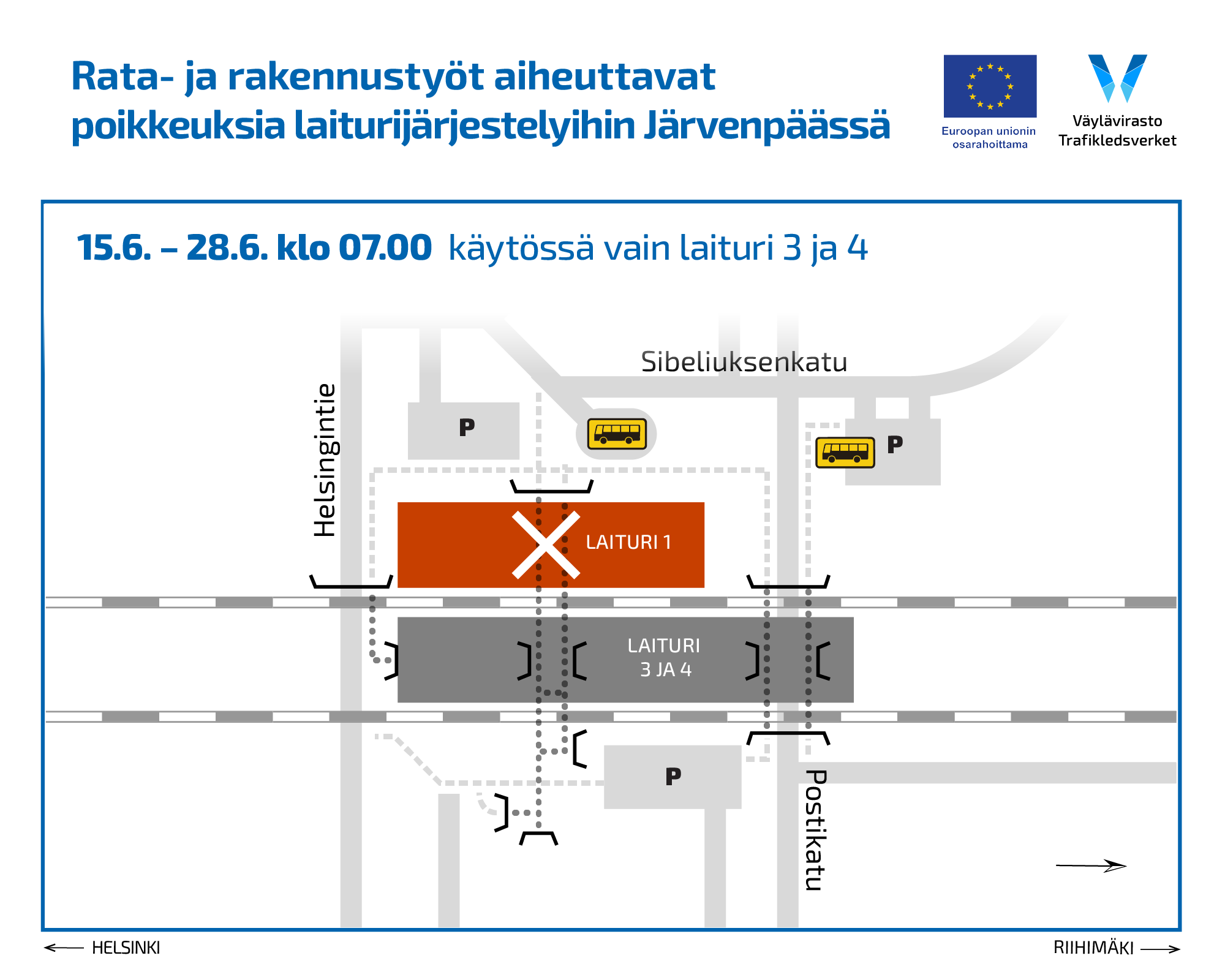 Karttakuva Järvenpään laitureista. Laituri 1 on poissa käytöstä 15.6.-28.6.2028. Laiturit 3 ja 4 ovat käytössä tänä ainaka.