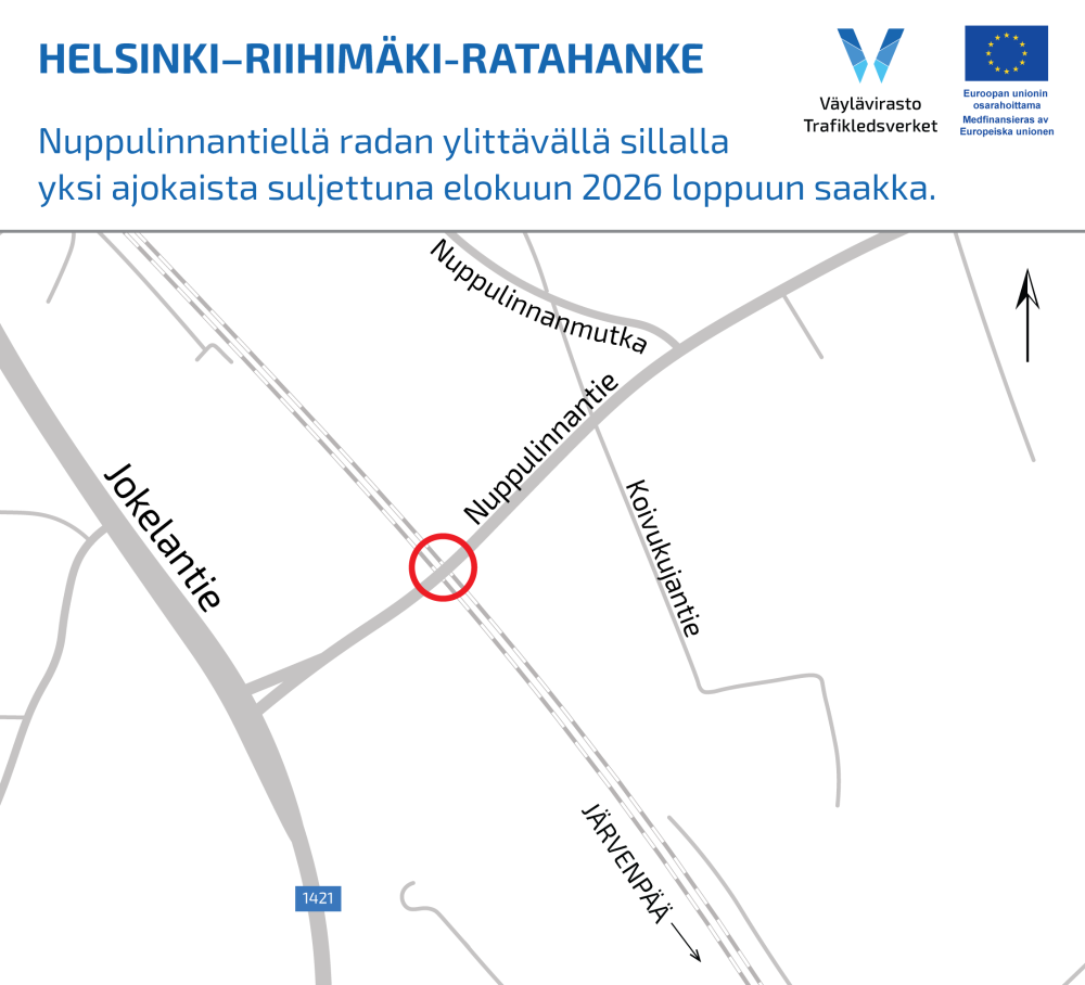 Karttakuva. Nuppulinnan silta sijaitsee Järvenpään Nuppulinnantiellä ja ylittää pääradan.