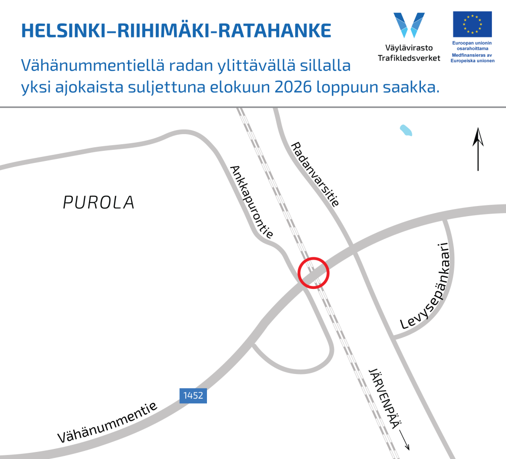 Karttakuva. Purolan ylikulkusilta sijaitsee Järvenpään Vähänummentiellä ja ylittää pääradan.