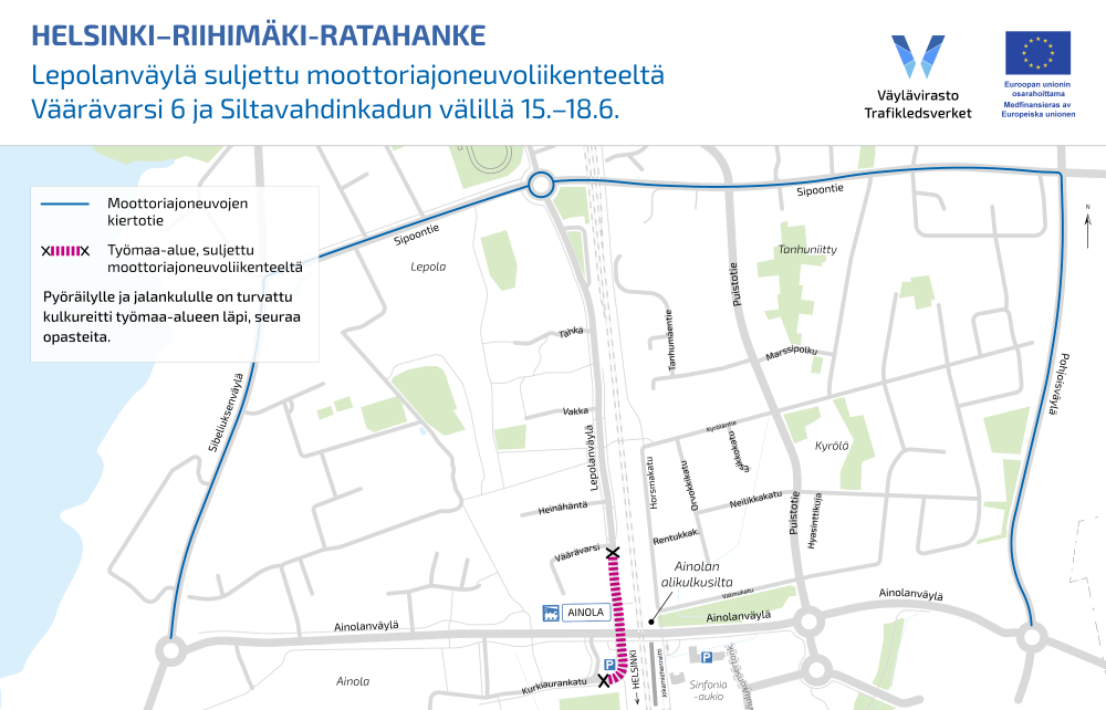 Karttakuva kiertoreiteistä. Ajoneuvoliikenteen kiertoreitti kulkee Sibeliuksenväylän, Sipoontien ja Pohjoisväylän kautta. Kävelijöille ja pyöräilijöille turvataan kulku työmaa-alueen läpi Lepolanväylän ja talotyömaan väliselle alueelle.
