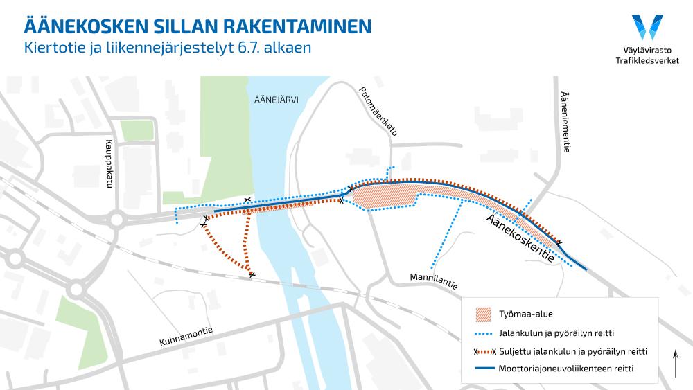 Kartta Äänekosken sillan rakentamisen aikaisista liikennejärjestelyistä 6.7. alkaen. Kartassa näkyvät työmaa-alue sillan itäpuolella, ajoneuvoliikenteen uusi kiertotie, jalankulun ja pyöräilyn kiertoreitit sekä suljetut jalankulun ja pyöräilyn yhteydet.