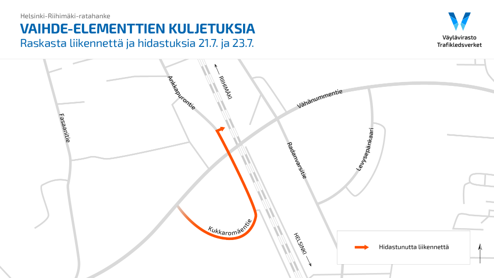 Kartta vaihde-elementtien kuljetusreitistä. Elementit kuljetetaan työmaalle Ankkapurontietä pitkin.