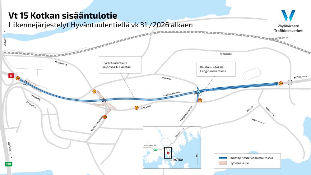 Hyväntuulentien liikenne siirtyy kahdelle kaistalle valtatien 7 risteyksen ja Jylpyntien ja Langinkoskentien risteysalueen välillä.