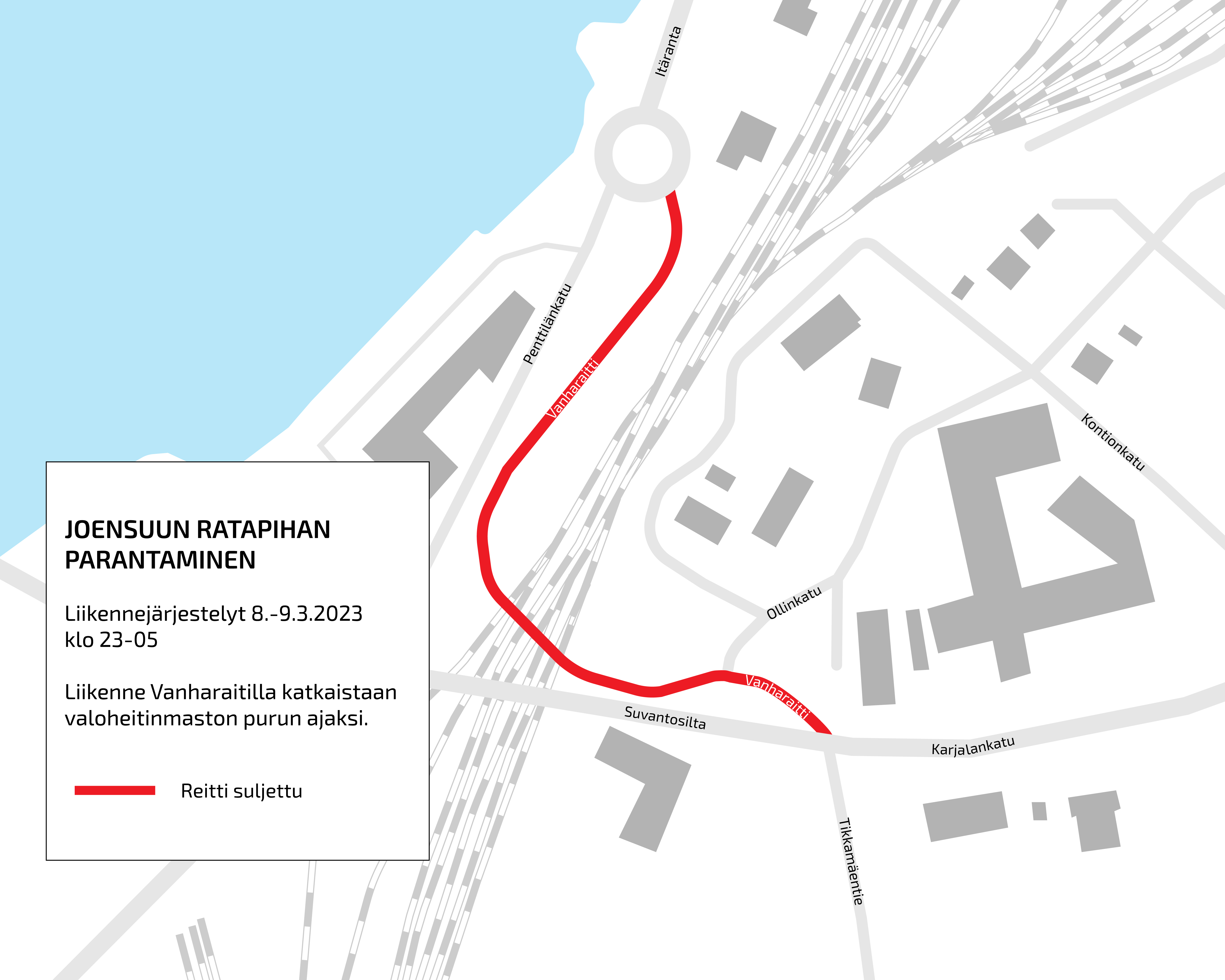 Liikenne Vanharaitilla Itärannan ja Penttilänkadun liikenteenjakajasta Karjalankadulle on suljettu. 