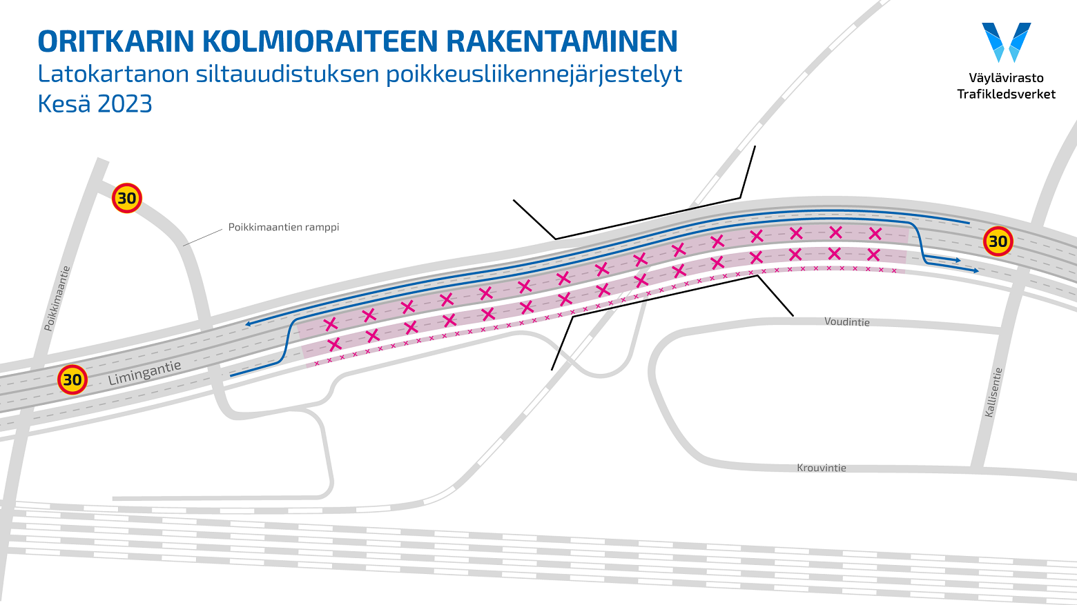 Latokartanon siltauudistuksen poikkeusliikennejärjestelyt kesän 2023 aikana.