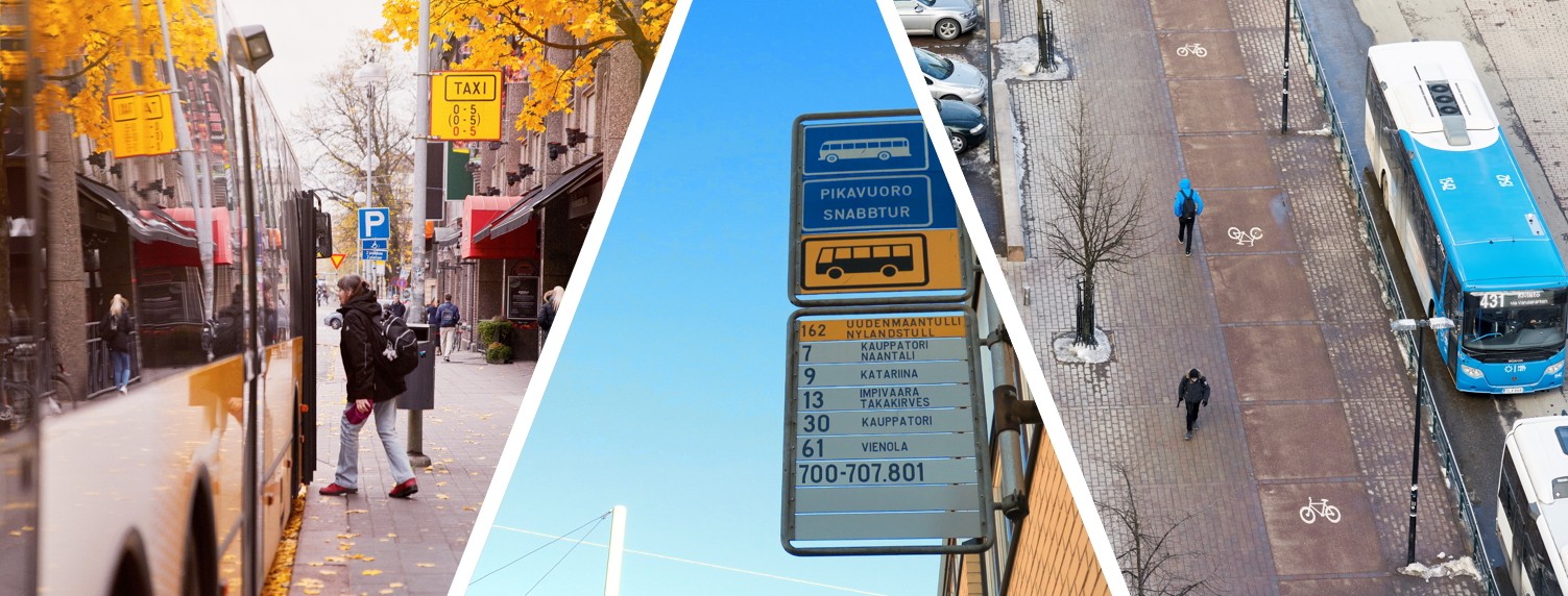 Kolme kuvaa bussipysäkeistä kollaasissa