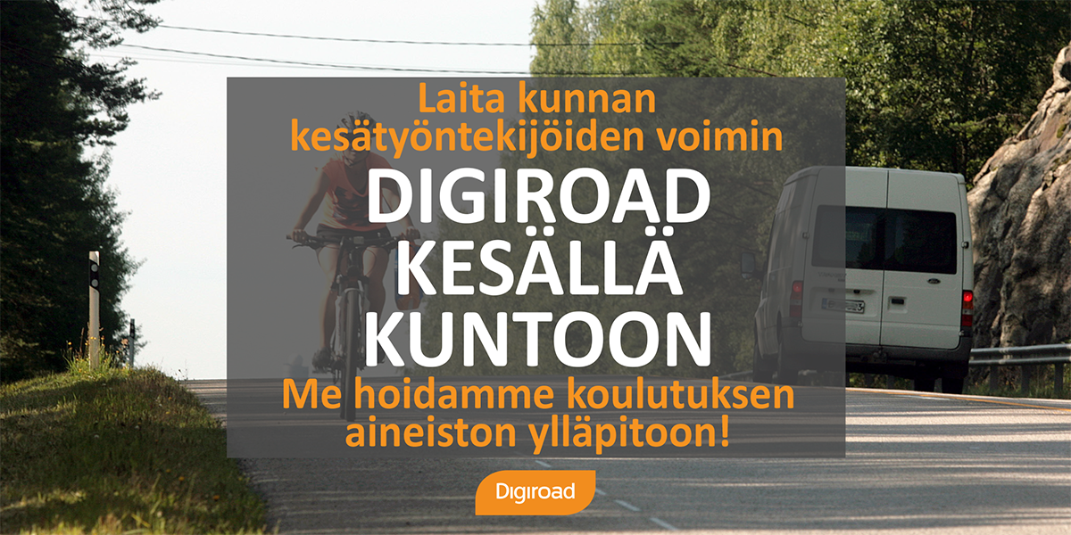 Kuvassa digiroad-kampanjan logo, jossa tekstiä ja taustalla pyöräilijä ja pakettiauto kesäisissä maisemissa.