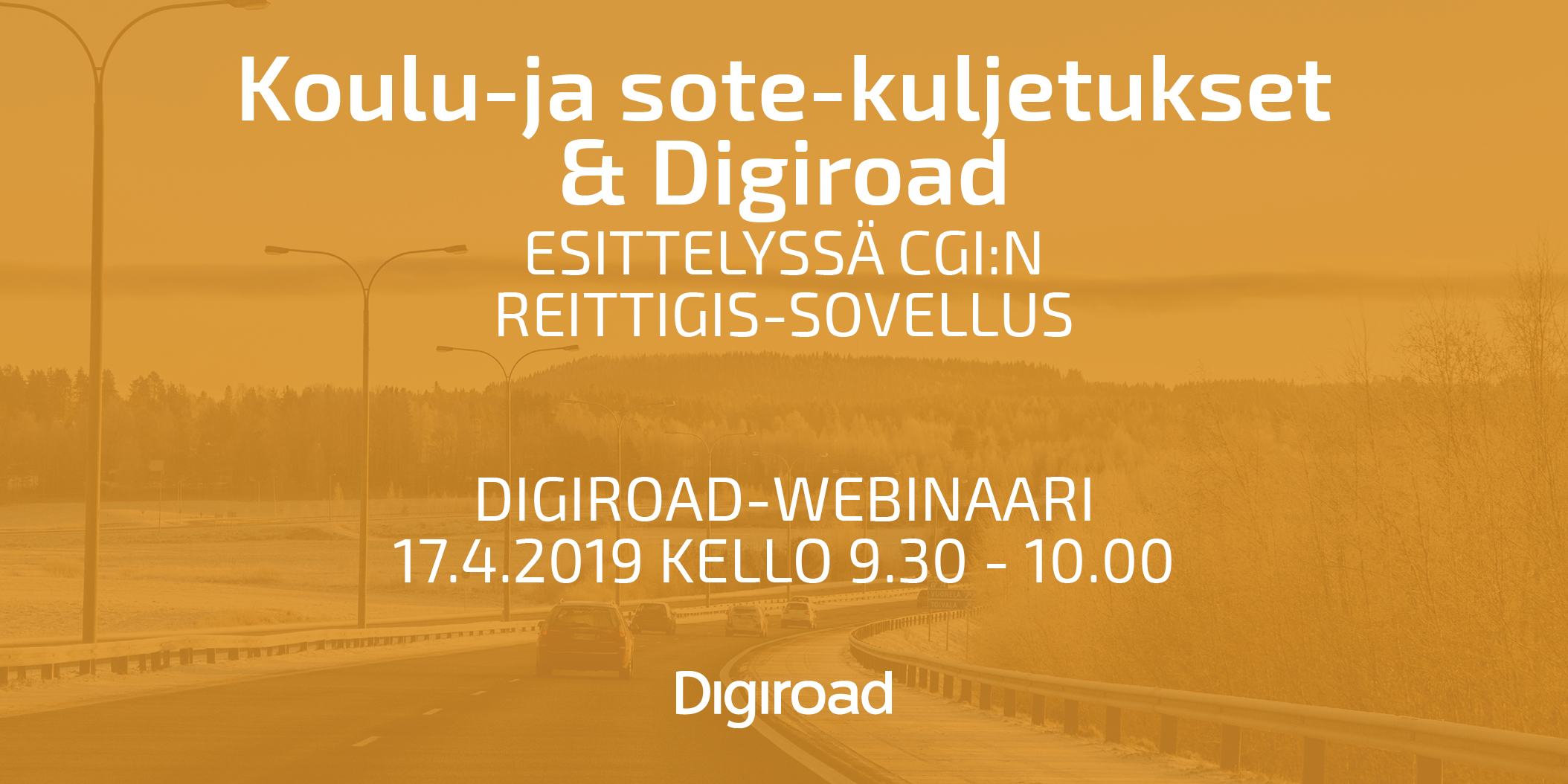 Kuvassa Digiroadin webinaarin mainoskuva, jossa kuvituskuvana tiemaisemaa