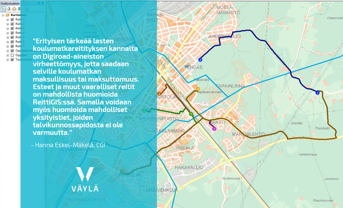 Karttakuva ja sitaatti Hanna Eskel-Mäkelältä: Erityisen tärkeää lasten koulumatkareitityksen kannalta on Digiroad-aineiston virheettömyys, jotta saadaan selville koulumatkan maksullisuus tai maksuttomuus. Esteet ja muut vaaralliset reitit on mahdollista huomioida ReittiGIS:ssä. Samalla voidaan myös huomioida mahdolliset yksityistiet, joiden talvikunnossapidosta ei ole varmuutta.