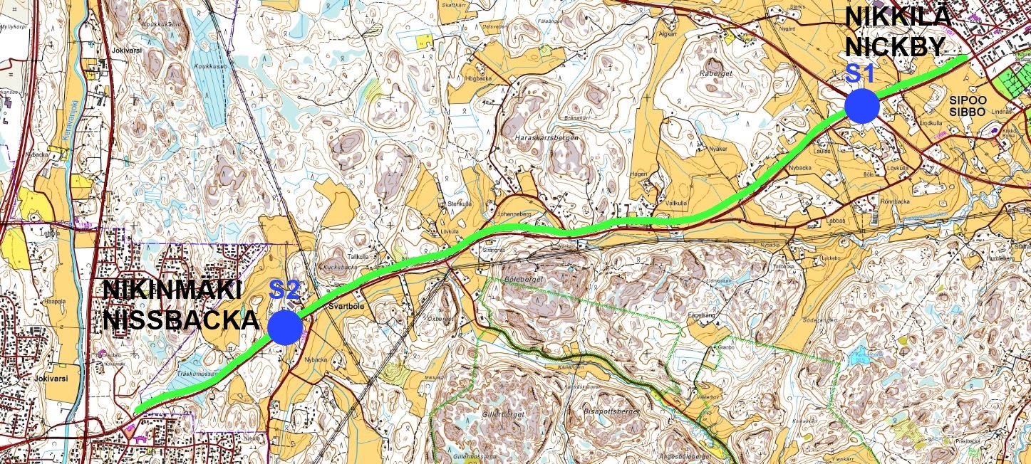 Kartta, johon on merkitty suunnitteluosuuden sijainti sekä rakennettava ylikulkukäytävä Lindkullaan Keravantien (maantie 148) yli ja jatkettava Svartbölen alikulkukäytävä.