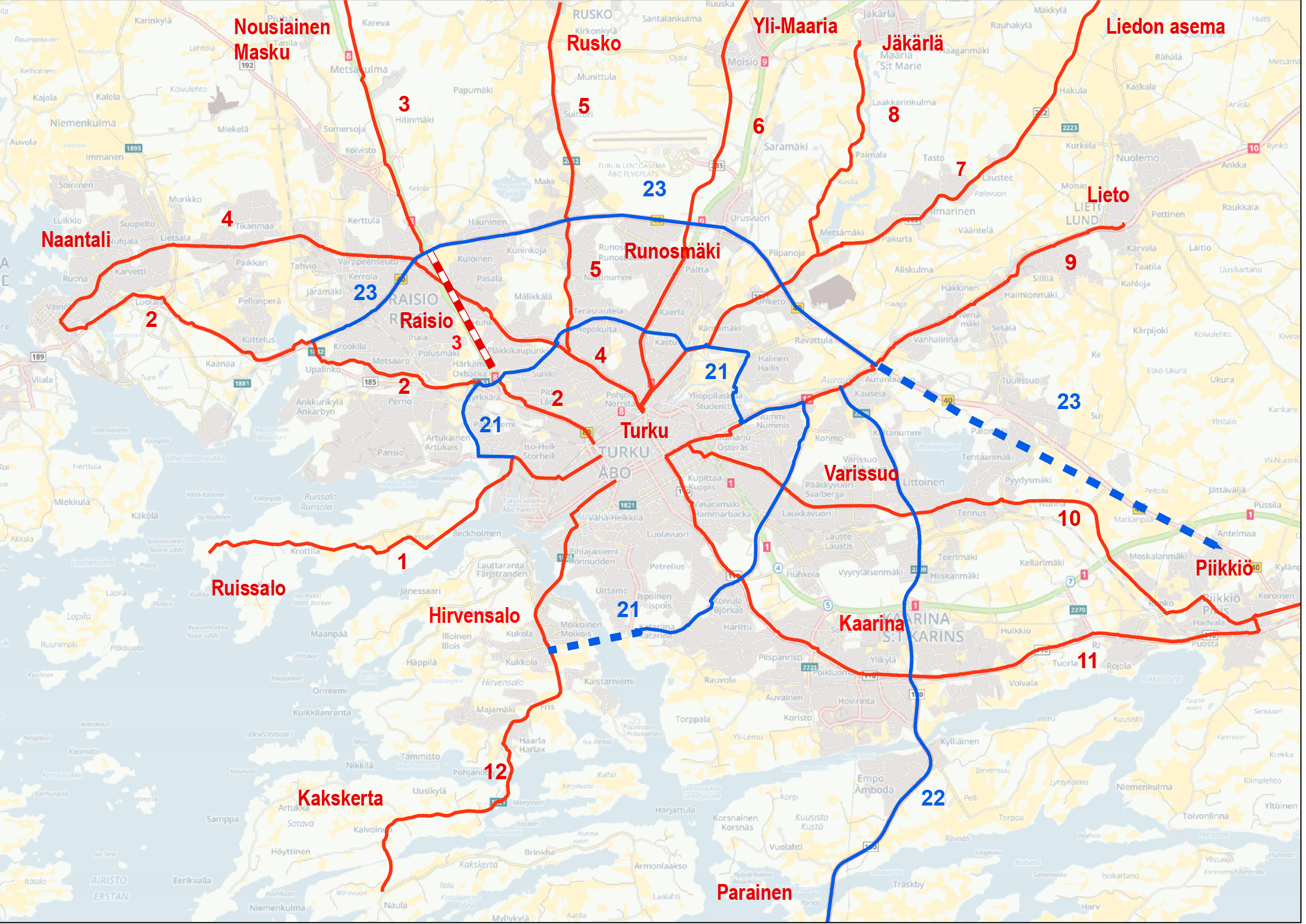 Karttakuva, jossa on esitetty Turun seudun pyöräilyreitit numeroituna.