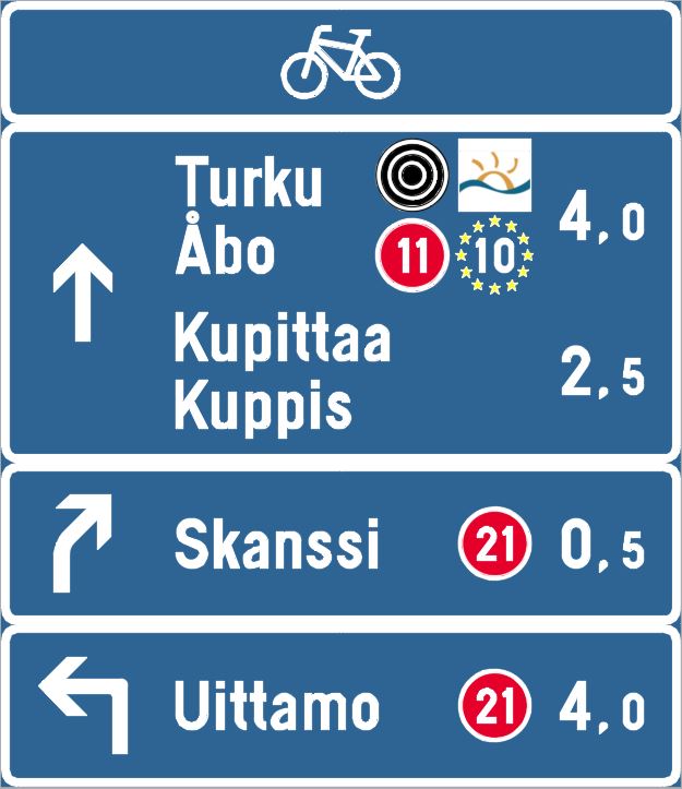 Kuvassa esimerkki pyöräilyn suunnistustaulusta.