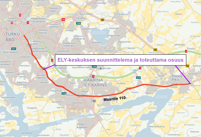 Karttakuva ELY-keskuksen suunnitteleman ja toteuttaman osuuden sijainnista.