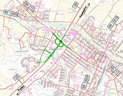 Yleiskartta Loimaan eritasoliittymän parantamisen ja Lammenpuiston alikulun rakentamisen ratkaisuista.