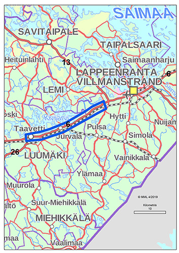 Karttaan ympyröity Valtatien 6 Taavetti-Lappeenranta välinen moottoriliikennetie siltä alueelta, jolla hirviongelmaa esiintyy.