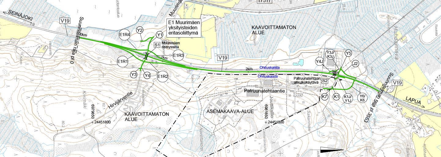 Karttakuva, jossa on esitetty suunnitteluun sisältyvät tieosuudet.