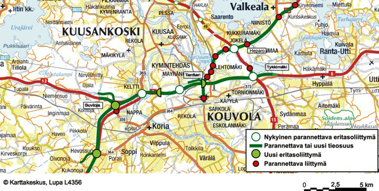 Karttaan on merkitty valtatie kuuden parannussuunnitelmat Kukonojalta Tykkimäkeen. 