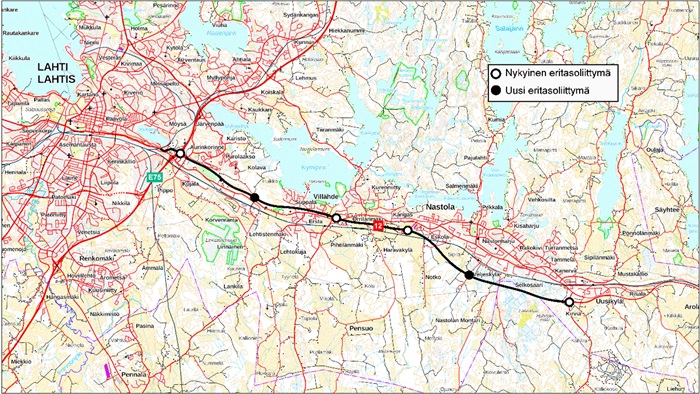 Kuvassa on esitetty suunnittelualueen sijainti kartalla. Suunnittelualue sijaitsee valtatiellä 12 Lahden itäpuolella ja rajautuu lännessä valtatien 4 liittymän länsipuolelle ja idässä Kuivannontien liittymään.