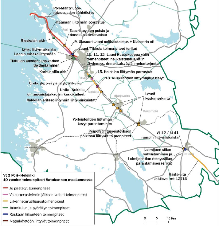 Kartalla esitettynä toimenpiteet, jotka suunniteltu toteutettavaksi valtatielle 2 välillä Pori-Helsinki  10 vuoden aikana.
