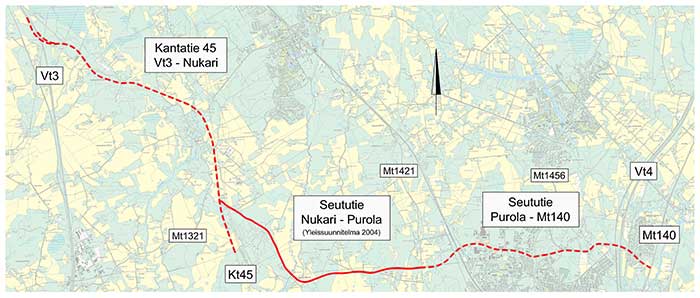 Karttakuva johon on merkitty parannettavat tieosuudet: kantatie 45 välillä valtatie 3 – Nukari, seututie välillä Nukari – Purola ja seututie Purola – maantie 140. 