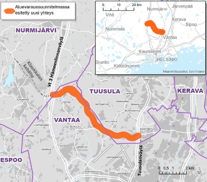 Aluevaraussuunnitelmassa esitetty uusi tieyhteys kartalla.