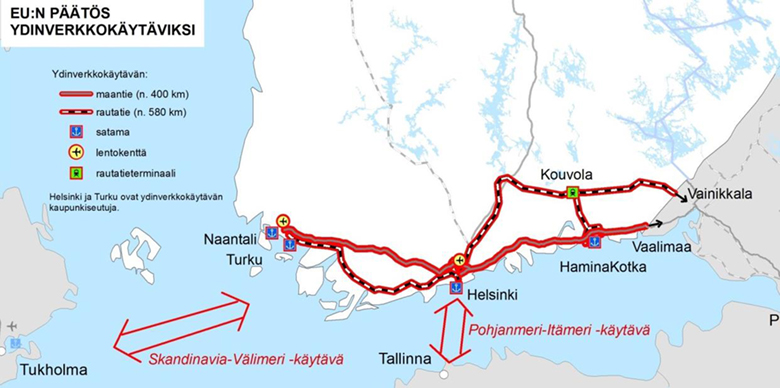 Karttakuva EU:n päätöksen mukaisista ydinverkkokäytävistä Suomessa.