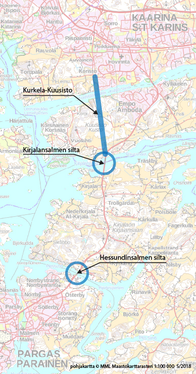 Maantien 180 parantamiseen sisältyvien hankkeiden Kurkela-Kuusisto, Kirjalansalmen silta ja Hessundinsalmen silta sijainnit kartalla.