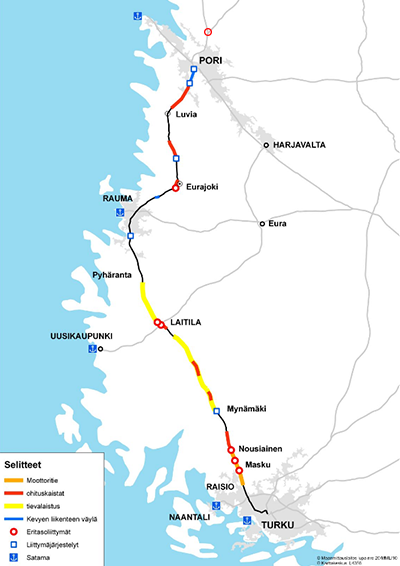 Karttakuva vt 8 Turku-Pori -välin osahankkeista ja niiden sijainnista.