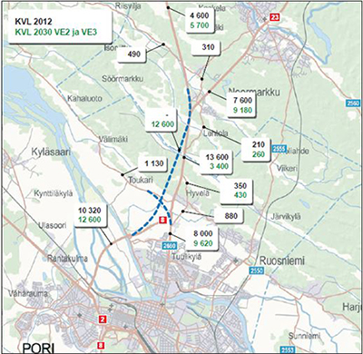 Kartta valtatien 8 liikennemääristä Porin ja Söörmarkun välillä vuonna 2012 sekä ennustettu liikennemäärä vuonna 2030 nykyisellä tieverkolla sekä uuden linjauksen mukaisella tieverkolla. 