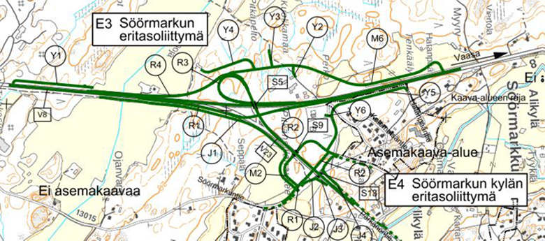Yleiskartta Söörmarkun eritasoliittymän rakentamiseen liittyvistä tiejärjestelyistä.