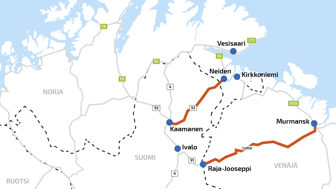 Karttakuva Raja-Joosepin rajanylityspaikan kehittämishankkeeseen liittyen. Tieyhteydet Kaamanen–Kirkenes ja Raja-Jooseppi–Murmansk kartalla.